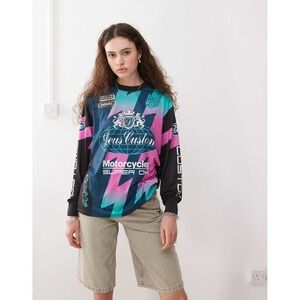 Deus Ex Machina Thunder Moto Jersey Long Sleeve Mesh Top Pink Teal women's Med